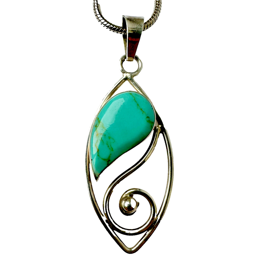 Vintage Mexico 925 Silver Turquoise Stone Modern Art Deco Necklace with Pendant